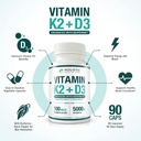 Max Absorption Vitamin K2 + D3 (5000IU) 90 Veggie Capsules from MK-7 (Menaquinone-7) and Cholecalciferol (with BioPerine) 3-Months Supply – D3 with K2 for Healthy Heart and Strong Bones | Non-GMO 3
