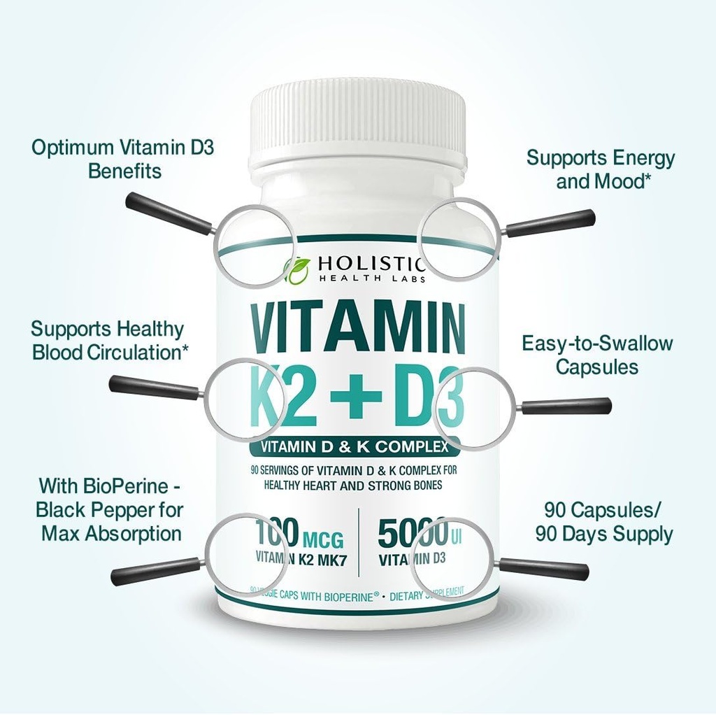 Max Absorption Vitamin K2 + D3 (5000IU) 90 Veggie Capsules from MK-7 (Menaquinone-7) and Cholecalciferol (with BioPerine) 3-Months Supply – D3 with K2 for Healthy Heart and Strong Bones | Non-GMO 6