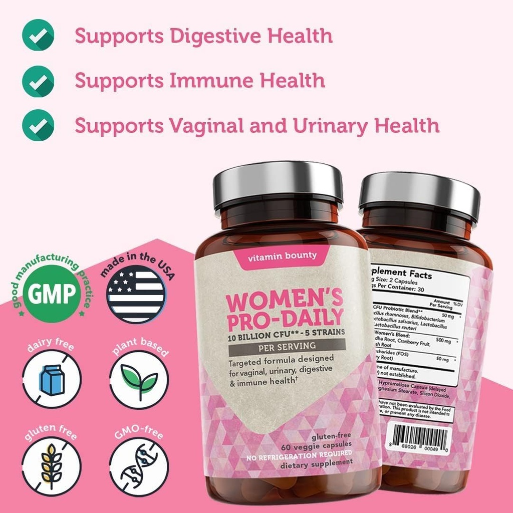 Vitamin Bounty Women's Probiotic & Prebiotic Bundle: Vaginal & Digestive Health Support, pH Balance with Cranberry, Ashwagandha, Delayed-Release Capsules 4