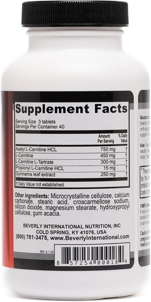 Beverly International Quadracarn 4X-Potency, Lab Tested Ultra-Premium Carnitine Blend for Fat Loss, Muscle Definition, Metabolism, Mood, Energy Boost, Anti-Aging, Brain Function. 120 Tablets. 3