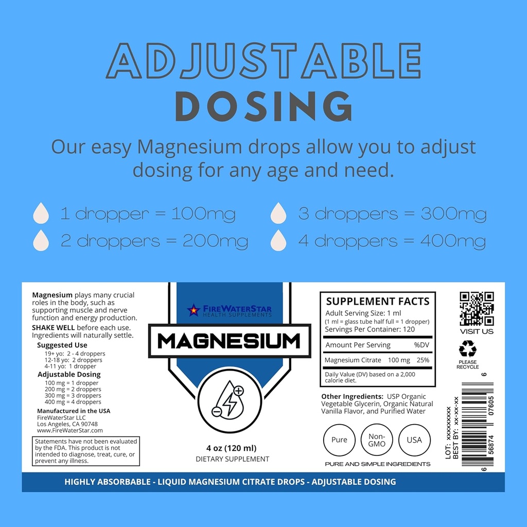 FWS Magnesium Citrate Liquid Drops for Adults and Kids, Pure Magnesium Citrate, Organic, Non-GMO, Vegan, Supports Sleep Calm Energy Muscles Nerves, Easy Adjustable Dosing, 4 Month Supply, 4 oz 3