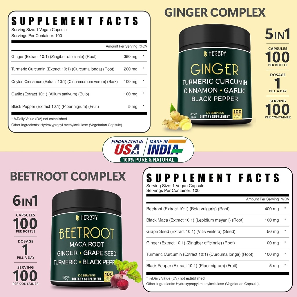 Bundle 5in1 Ginger Supplement & 6in1 Beet Root Capsules - Supports Heart Health, Immune and Digestive 3
