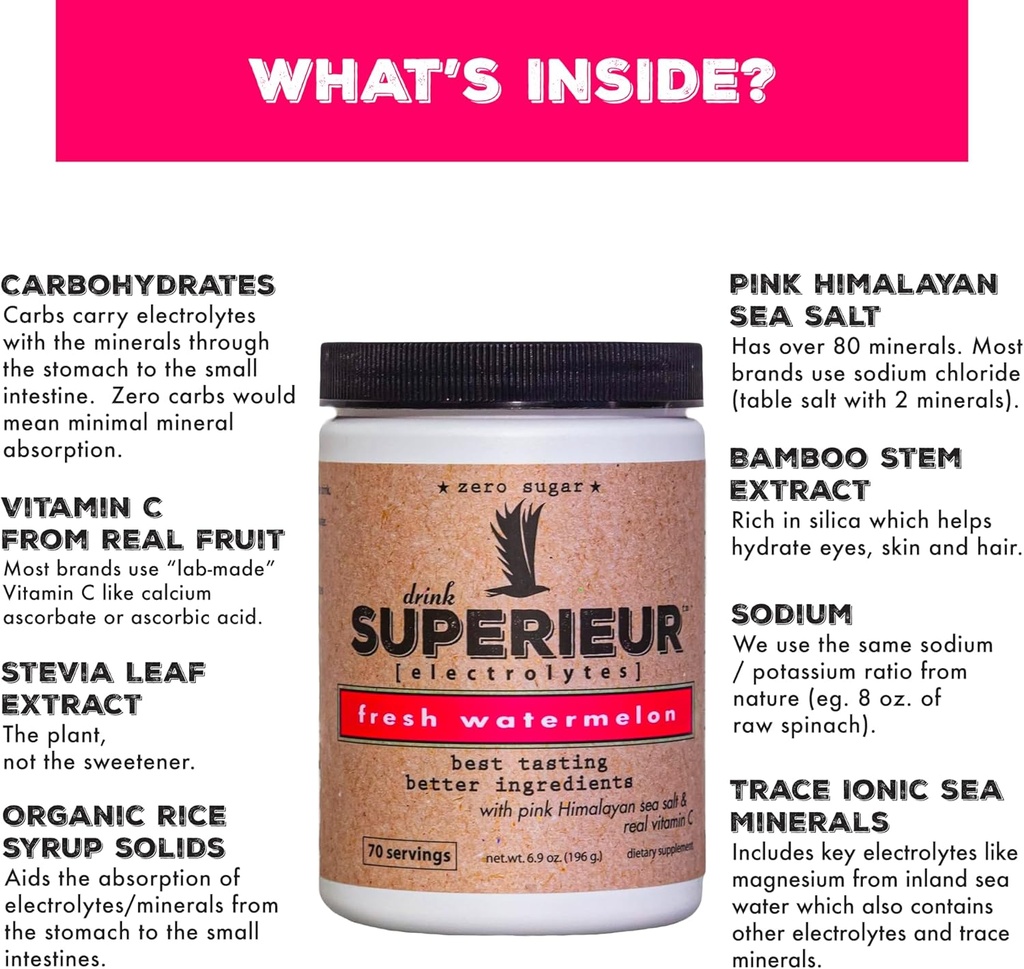 Superieur Electrolytes – Plant Based Electrolyte Supplement w/Sea Minerals for Hydration & Recovery – Keto Friendly, Non-GMO, Zero Sugar, Vegan Healthy Sports Drink Powder – Watermelon (70 Servings) 5