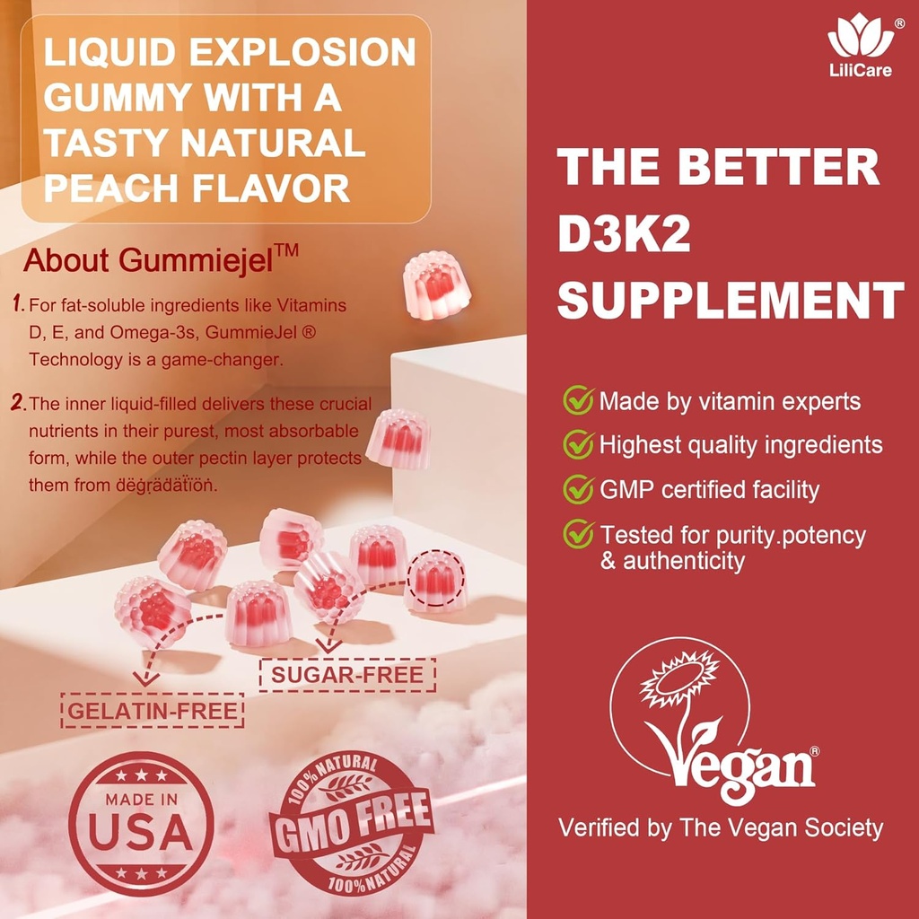 Vitamin D3 K2 Filled Gummies 5000IU / 10,000 IU with 500mg Calcium + K2(MK-7) 200mcg, Magnesium, Vitamin C & Zinc, Extra Strength - Ultimate Absorbency for Bones Muscles Teeth, Vegan -- Pack of 2 4