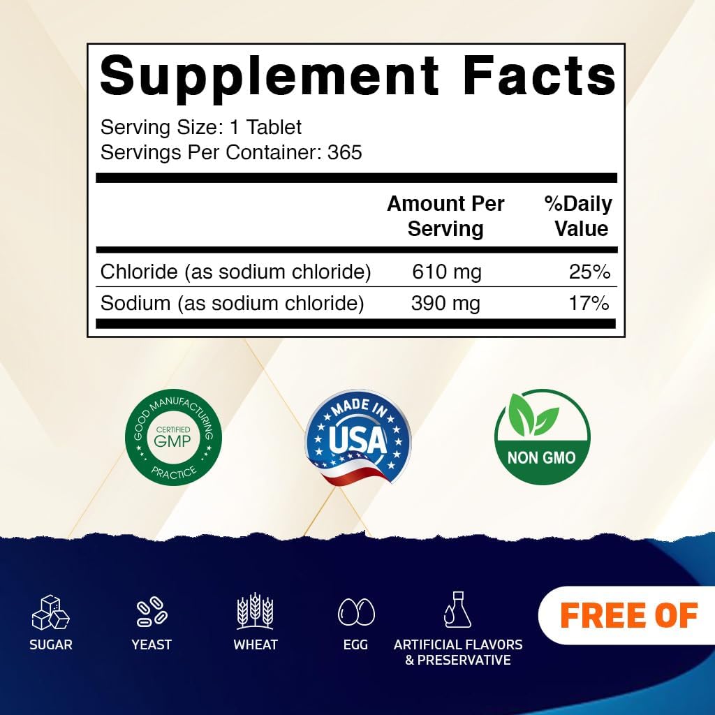 Vitamatic Sodium Chloride 1000mg – 365 Tablets Electrolyte Replenisher & Hydration Support – Non-GMO, Gluten-Free 3