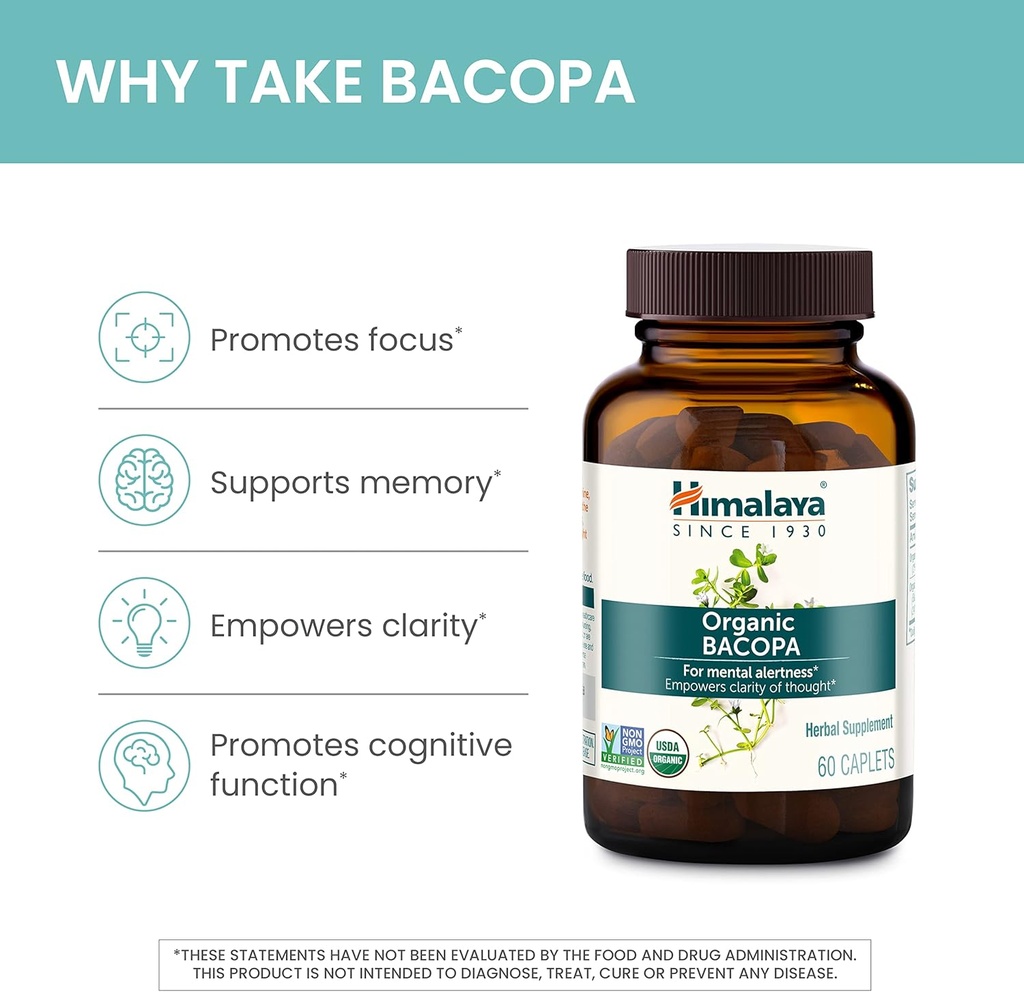 Himalaya Bacopa Monnieri Nootropic Herbal Supplement, Mental Alertness, Supports Calm, Memory, Cognition, USDA Organic, Non-GMO, 750 mg, 60 Plant-Based Caplets, 2 Pack, 120 Day Supply 5