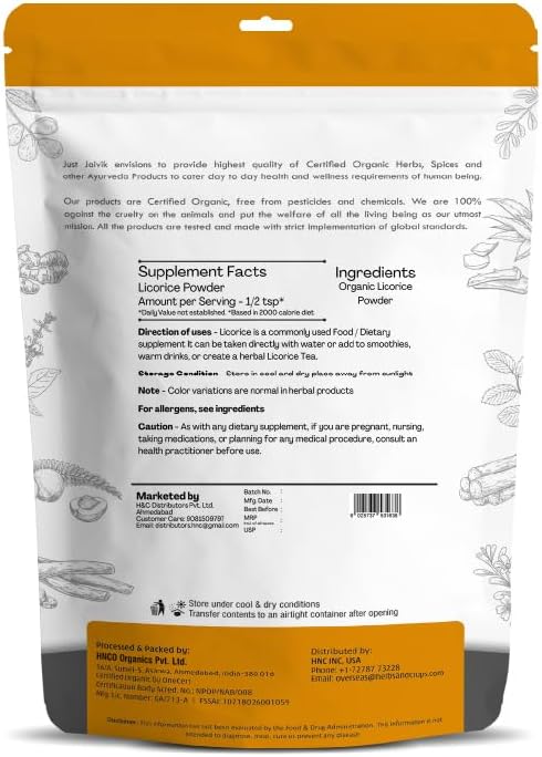 Just Jaivik 100% Organic Licorice Root Powder - 227 gm / 0.5 lb Mulethi | Glycyrrhiza Glabra/Yastimadu | May Enhance Gut, Respiratory & Digestive Wellness | USDA Organic Certified Herb 3