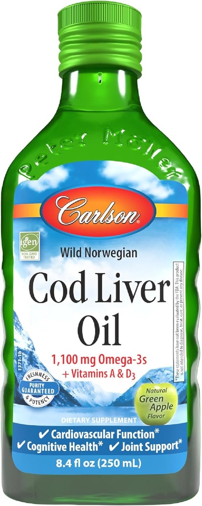 Carlson - Cod Liver Oil, 1100 mg Omega-3s, Plus Vitamins A and D3, Wild Caught Norwegian Arctic Cod Liver Oil, Sustainably Sourced Nordic Fish Oil Liquid, Green Apple, 250 mL (8.4 Fl Oz) 2