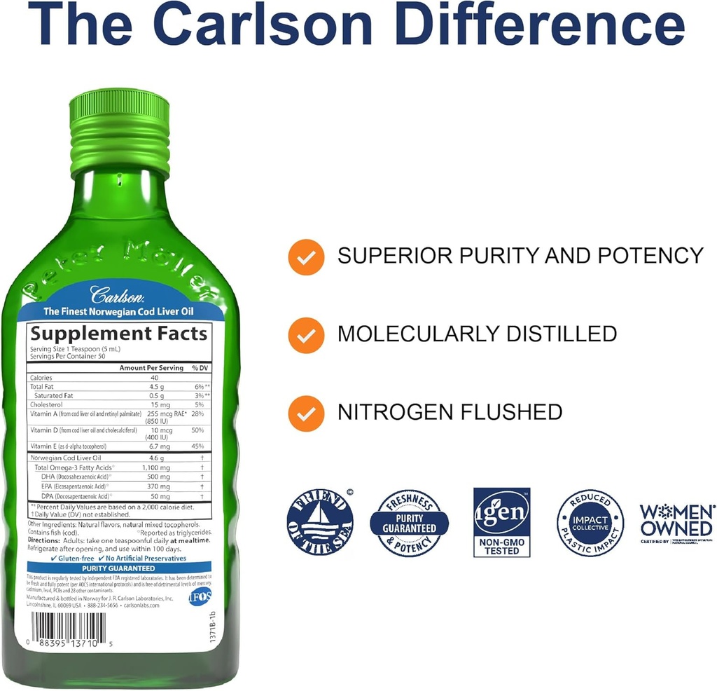 Carlson - Cod Liver Oil, 1100 mg Omega-3s, Plus Vitamins A and D3, Wild Caught Norwegian Arctic Cod Liver Oil, Sustainably Sourced Nordic Fish Oil Liquid, Green Apple, 250 mL (8.4 Fl Oz) 3