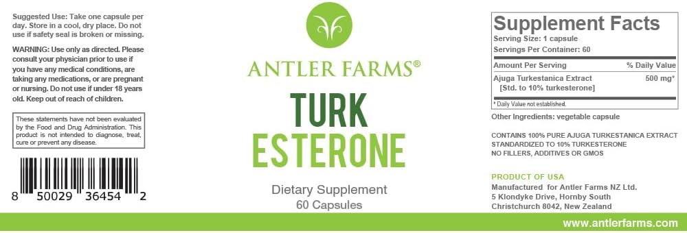 Antler Farms - 100% Pure Turkesterone, 60 Capsules, 500mg – Ajuga Turkestanica Extract Std. to 10% Turkesterone, Men’s Health Support Powerful Antioxidant Supplement 2