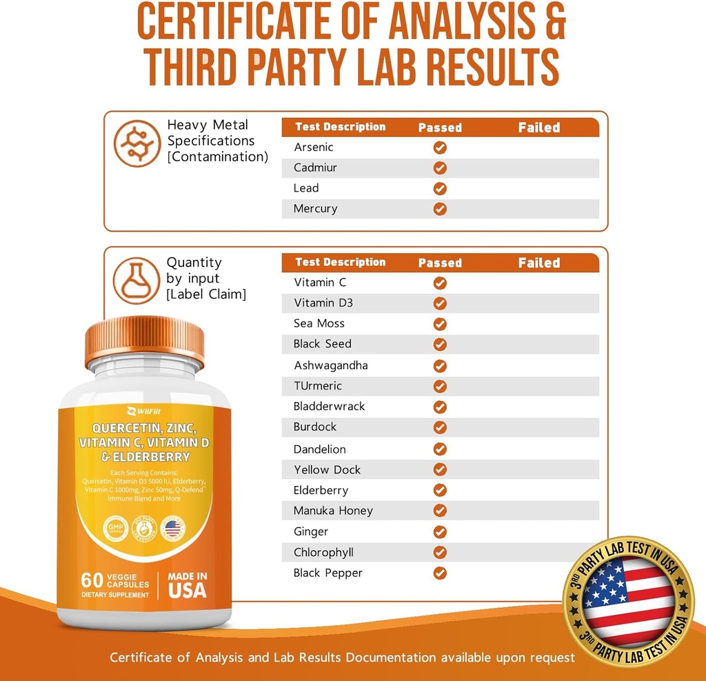 Quercetin 50 mg Zinc 1000 mg Vitamin C 5000 IU Vitamin D3 1000 mg Turmeric 1000 mg Elderberry with Q-Defend Immune Blend Reisshi Nettle Arteemisinin, Non-GMO, Mineral Supplements,60 Capsules 6