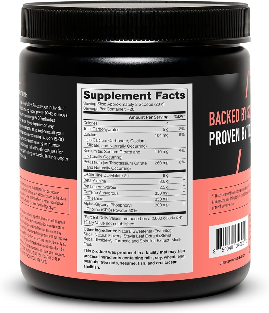 LEGION Pulse Pre Workout - All Natural Nitric Oxide Preworkout Drink to Boost Energy, Creatine Free, Naturally Sweetened, Beta Alanine, Citrulline, Alpha GPC (Mojito) 4