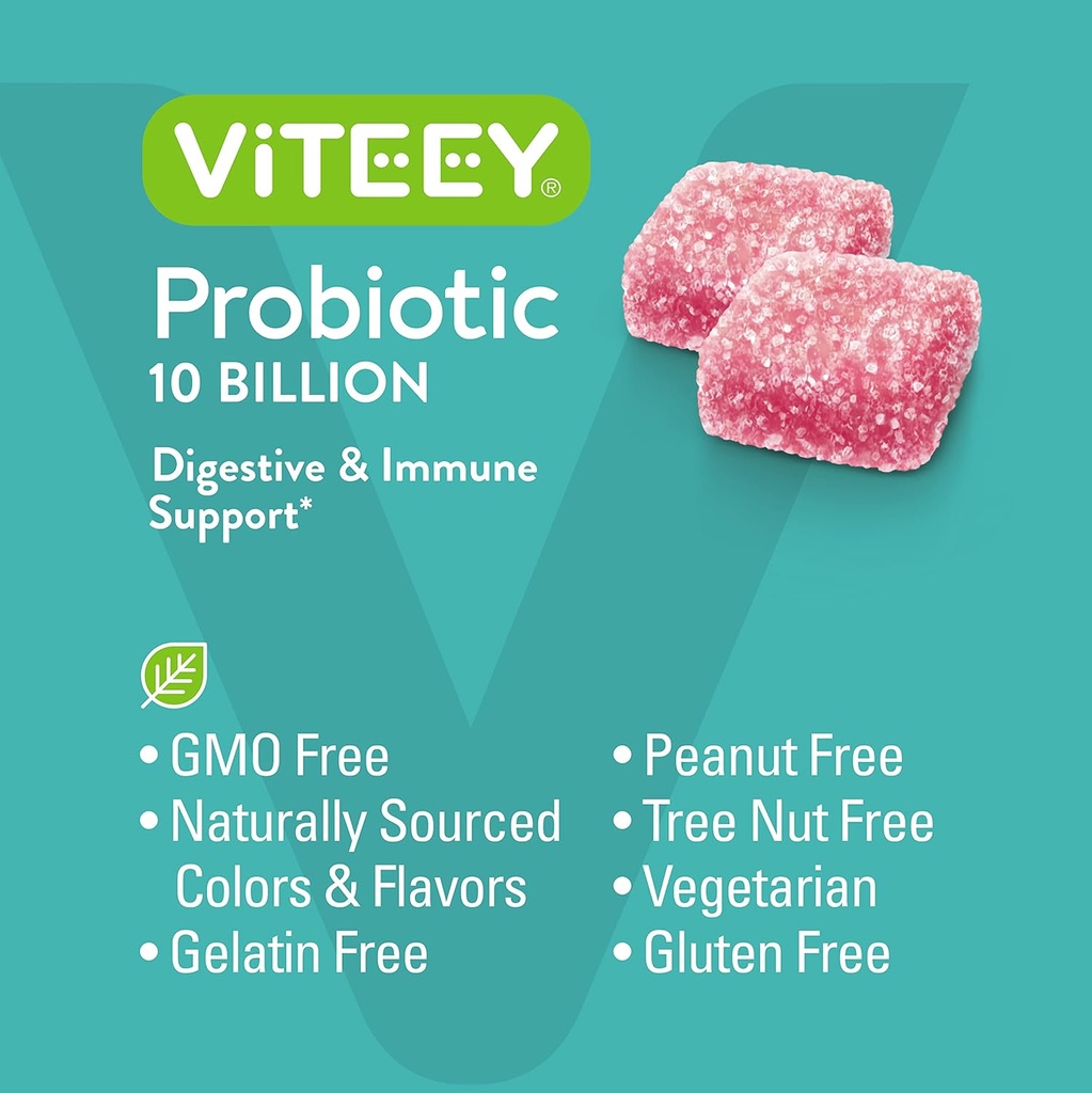 Viteey Probiotic Gummies for Women, Men, & Teens - Maximum Strength 10 Billion Cells - Probiotics for Digestive Health, Immune Support - Vegetarian, Gelatin Free, GMO Free - Chewable Berry Flavored 6