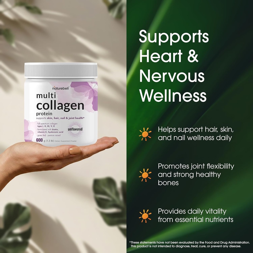 Multi Collagen Protein Powder 600g - 5 Types (I, II, III, V, X) Grass-Fed & Pasture-Raised | with Biotin 5000mcg, Vitamin C & Hyaluronic Acid | Keto, Paleo, Unflavored (54 Servings) 5