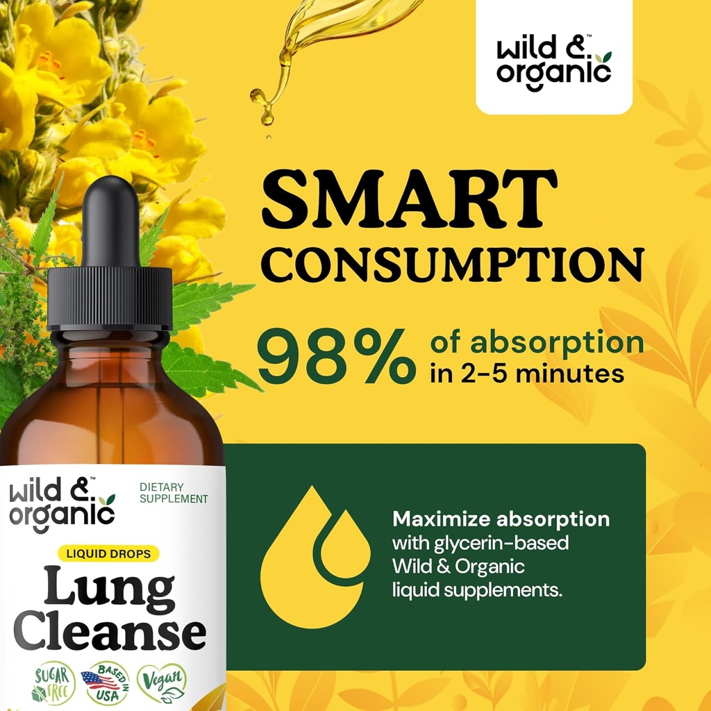 Wild & Organic Lung Cleanse Detox Tincture - Mullein Drops for Lungs - Herbal Mullein Extract Supplement - Vegan, Alcohol-Free Drops - 4 fl oz 5