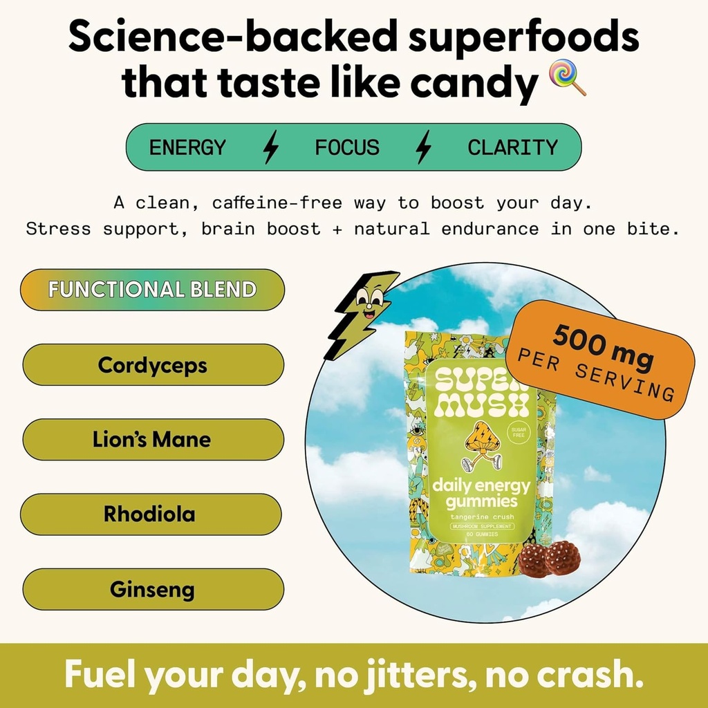 Energy Mushroom Gummies - Organic Lions Mane Supplement with Cordyceps, Rhodiola, L-Theanine, Maca - Vegan & Sugar-Free - Energy, Focus, Stamina, Stress Reduction - 60 Gummies (30 Servings) 3
