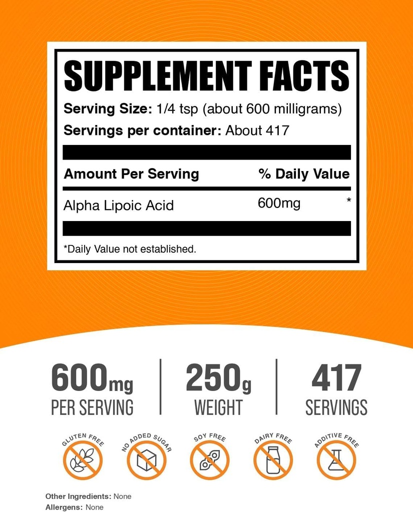 BulkSupplements.com Alpha Lipoic Acid Powder - ALA Supplement, Antioxidant Supplement - Gluten Free, 600mg per Serving, 250g (8.8 oz) (Pack of 1) 3