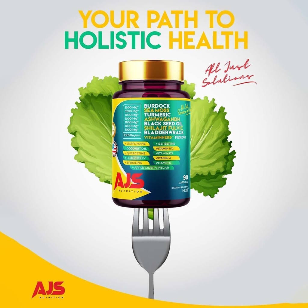 AJS Sea Moss Capsules 3200mg, Himalayan Shilajit 1000mg with Black Seed Oil, Ashwagandha, Turmeric, Bladderwrack, Burdock, Vitamins, Berberine, Lion’s Mane Mushroom, Elderberry- 90 Caps 4