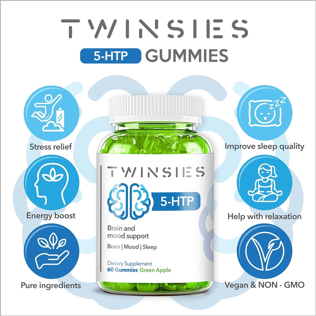5-HTP Supplement 200mg Calm Gummies for Sleep Mood & Brain Health Support – L-Tryptophan 60 Green Apple Sleep Gummies for Adults – Gluten-Free & Non-GMO 3