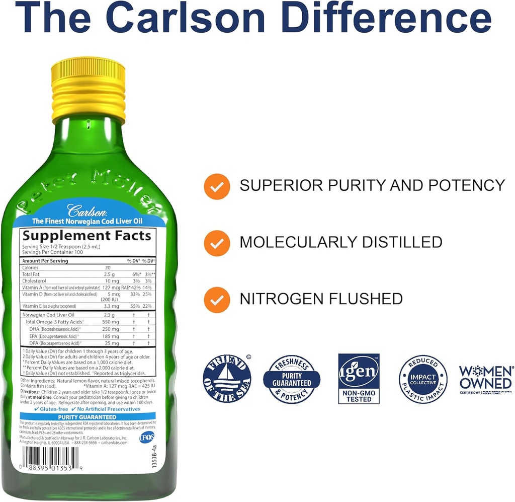 Carlson - Kid's Cod Liver Oil, 550 mg Omega-3s, Vitamins A & D3, Wild Norwegian, Lemon, 250 mL 3