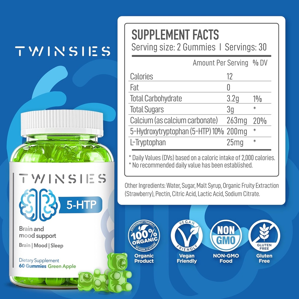 5-HTP Supplement 200mg Calm Gummies for Sleep Mood & Brain Health Support – L-Tryptophan 60 Green Apple Sleep Gummies for Adults – Gluten-Free & Non-GMO 4