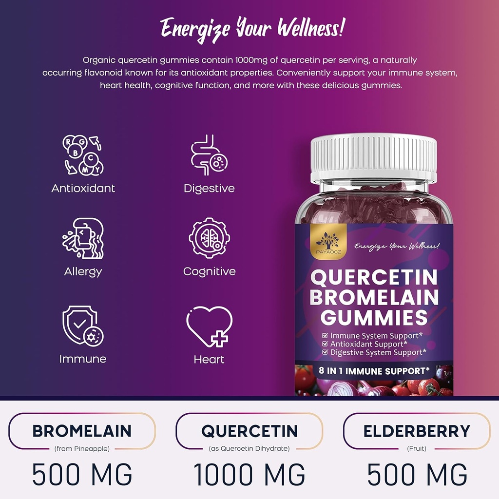 (2 Pack) Quercetin Gummies with Bromelain Zinc Elderberry Vitamin C D3 K2, Quercetin 1000mg Supplement with Bromelain 500mg for Cardiovascular, Immune System & Allergy, Vegan Gummy for Adult & Kid 3