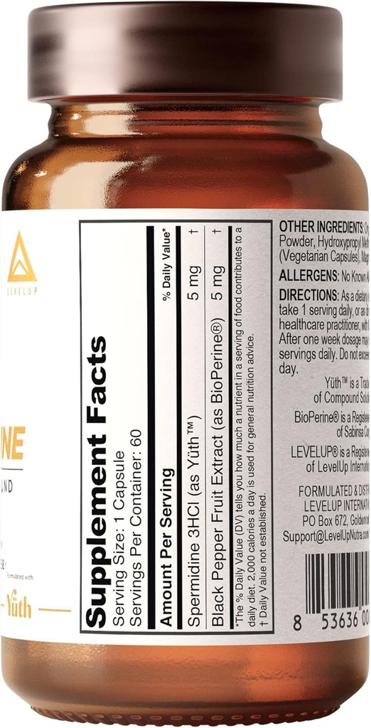 LevelUp Spermidine Capsules, Most Researched Spermidine, 99% Concentration, 100x Potent Than Wheat Germ Extract for Anti-Aging DNA Telomere Support 60 Count 3