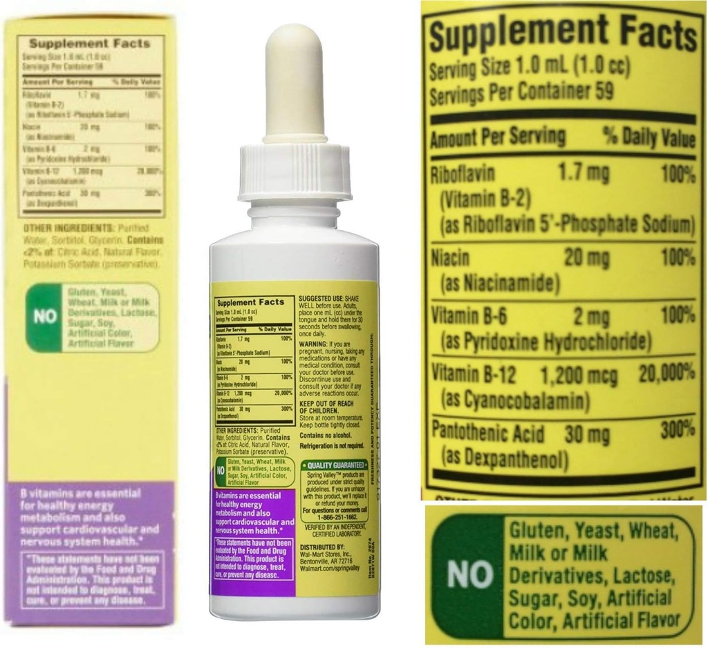 Vitamin B Complex Sublingual Liquid Drops for Adults with Vitamin B6, Vitamin B12, Niacin, Riboflavin, Pantothenic Acid - Energy Bundle w/ 'No Fluff' Guide© 5