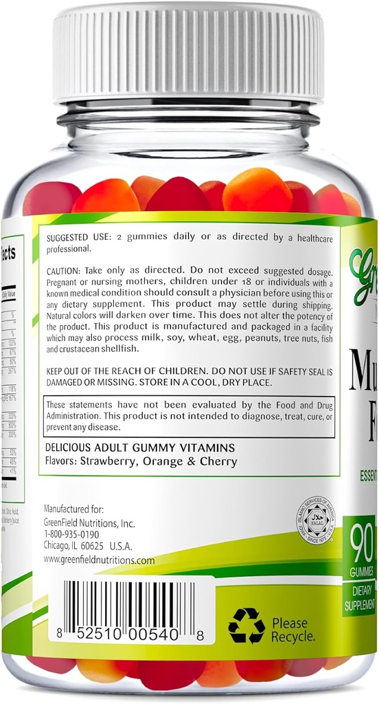 Greenfield Nutritions Halal Multivitamins for Adults | 90 Halal Vitamins for Women & Men | All Essential Gelatin Free Halal Gummy Vitamin, Mineral, Folic Acid, Biotin, Gluten Free, Non-GMO, Vegetarian 3