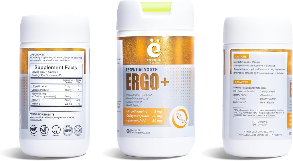 L-Ergothioneine with Collagen Peptides, Hyaluronic Acid, Vitamin C, and E - Advanced Antioxidant, Promotes Longevity & Healthy Aging – Gluten-Free, 60 Capsules (1 Pack) 4