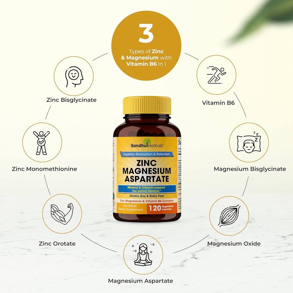 SANDHUHERBALS Zinc Magnesium Aspartate Supplement 120 Capsules| with Vitamin B6 & Zinc | High Absorption, Sleep and Immune Support | for Men & Women 5