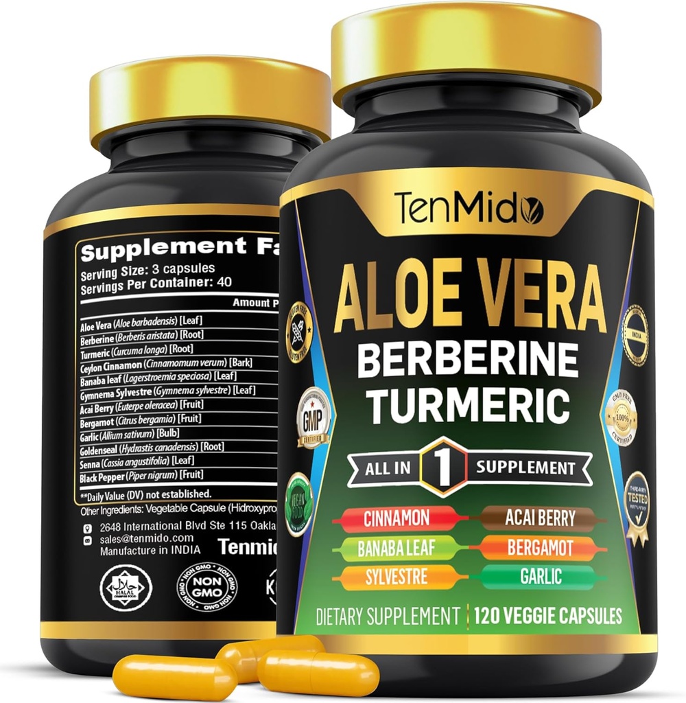 Aloe Vera Capsules Supplement - 12in1 Formula - Combine with Berberine, Turmeric, Ceylon Cinnamon, Banaba Leaf, Gymnema Sylvestre, Acai Berry, Bergamot, Garlic, and More - 120 Capsules 2