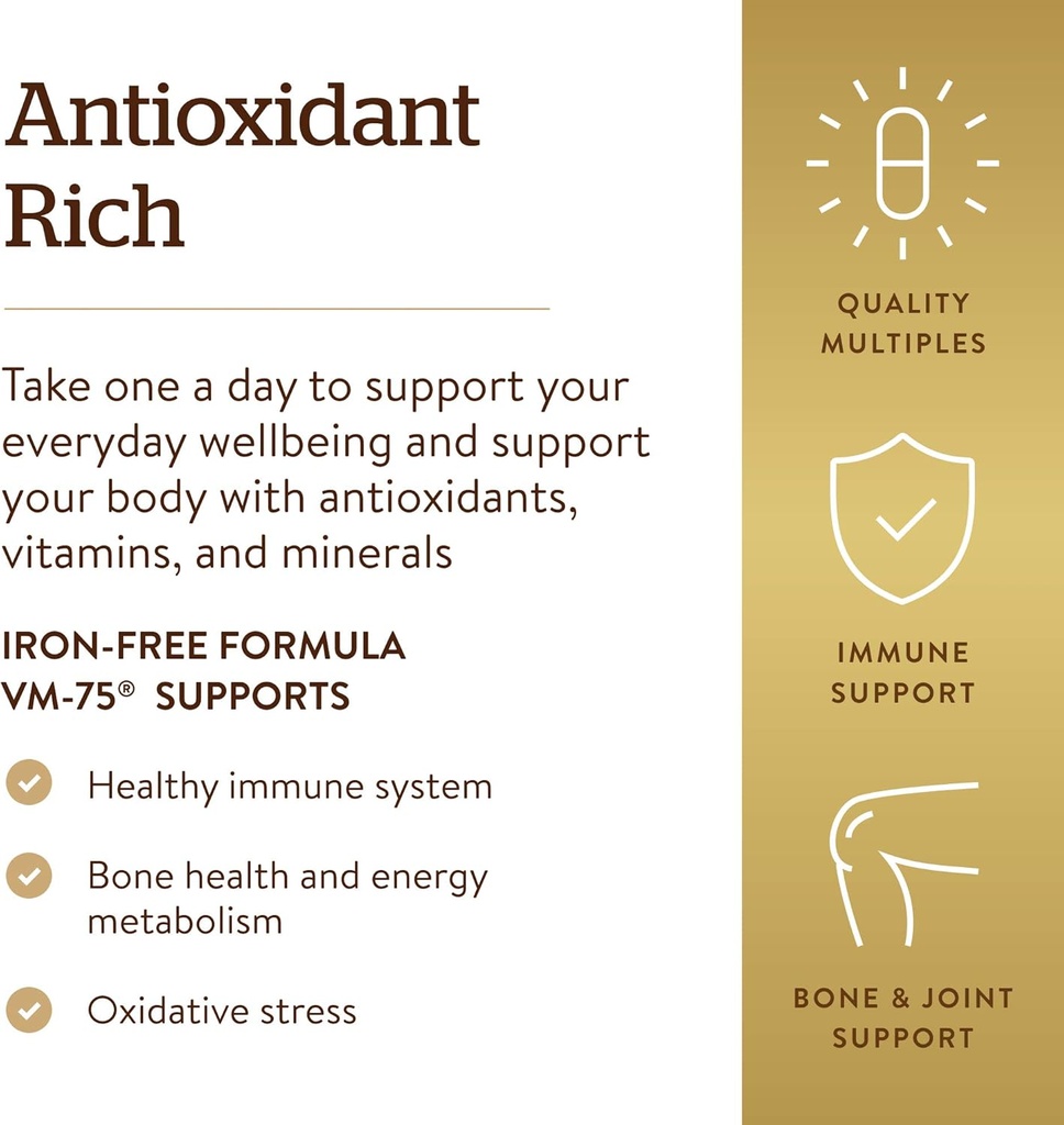 Solgar Iron-Free Formula VM-75, 90 Tablets - Multivitamin with Chelated Minerals - Vitamin A, B6, B12, C, D, E - Biotin, Magnesium, Calcium, Zinc - Vegan, Gluten & Dairy Free, Kosher - 90 Servings 5