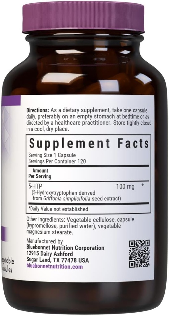 Bluebonnet Nutrition 5-HTP(Hydroxytrypophan) 100mg, for Neurotransmitter Support*, Supports Positive Mood*, Soy-Free, Gluten-Free, Non-GMO, Kosher Certified, Vegan, White,120 Vegetable Capsule 3