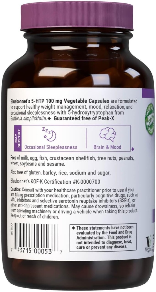 Bluebonnet Nutrition 5-HTP(Hydroxytrypophan) 100mg, for Neurotransmitter Support*, Supports Positive Mood*, Soy-Free, Gluten-Free, Non-GMO, Kosher Certified, Vegan, White,120 Vegetable Capsule 4