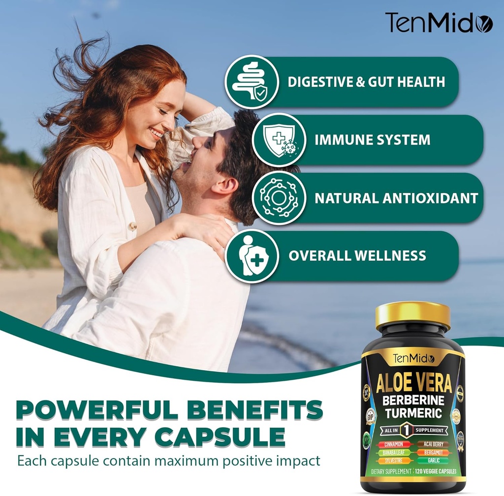 Aloe Vera Capsules Supplement - 12in1 Formula - Combine with Berberine, Turmeric, Ceylon Cinnamon, Banaba Leaf, Gymnema Sylvestre, Acai Berry, Bergamot, Garlic, and More - 120 Capsules 6