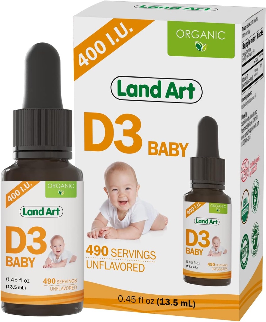Land Art - Certified Organic Vitamin D3 Drops Baby – 400 IU per Drop – 490 Servings – Supports Bone & Teeth Development – Vitamin D Drops for Infants & Toddlers – GMO-Free - Gluten-Free – 0.45 fl oz 2