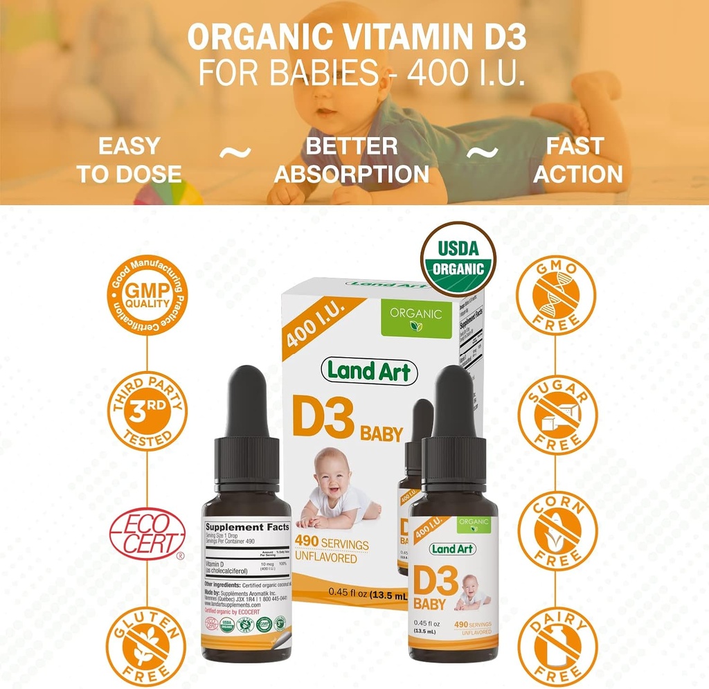 Land Art - Certified Organic Vitamin D3 Drops Baby – 400 IU per Drop – 490 Servings – Supports Bone & Teeth Development – Vitamin D Drops for Infants & Toddlers – GMO-Free - Gluten-Free – 0.45 fl oz 5