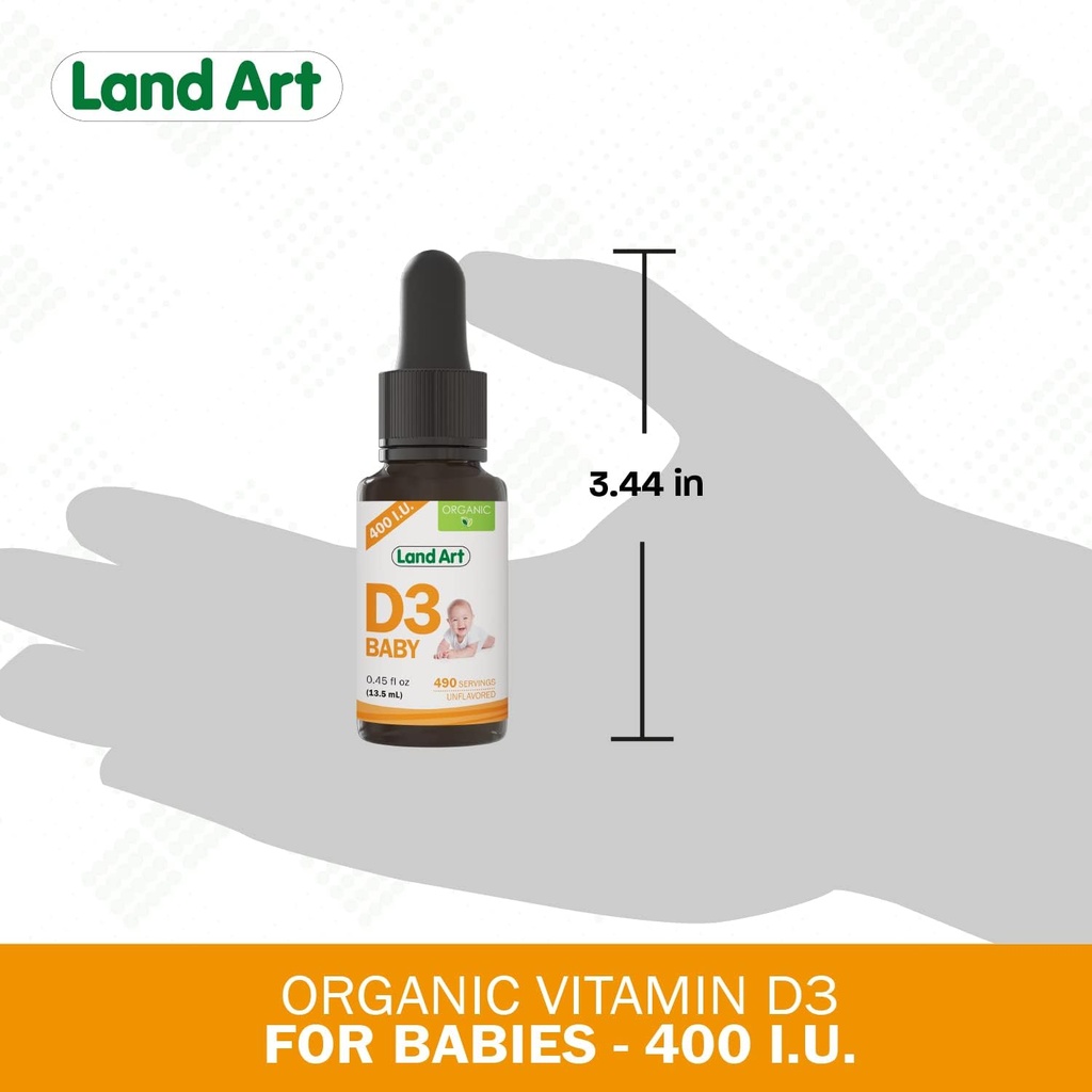 Land Art - Certified Organic Vitamin D3 Drops Baby – 400 IU per Drop – 490 Servings – Supports Bone & Teeth Development – Vitamin D Drops for Infants & Toddlers – GMO-Free - Gluten-Free – 0.45 fl oz 6