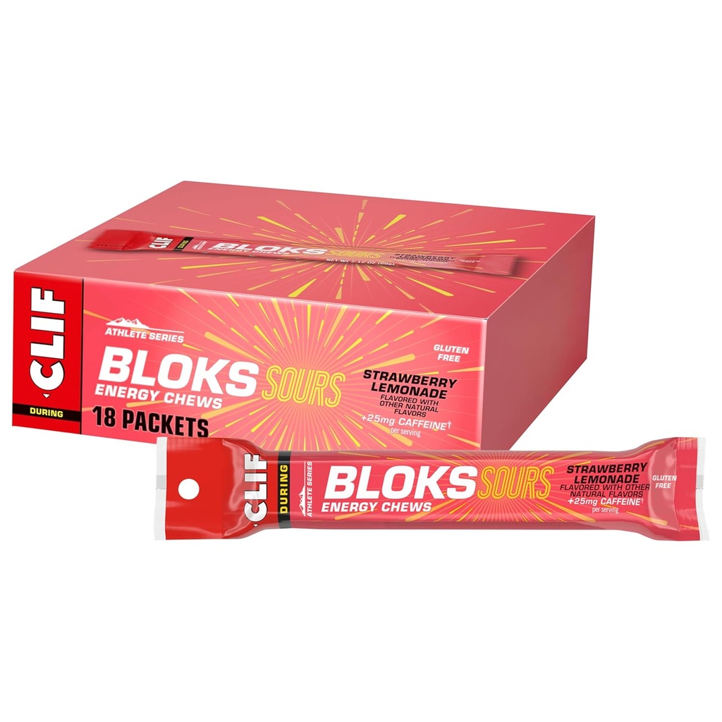 Clif Bloks Sours - Strawberry Lemonade Flavor with Caffeine - Energy Chews - Non-GMO - Plant Based - Fast Fuel for Cycling and Running - Quick Carbohydrates and Electrolytes - 2.12 oz. (18 Count) 2