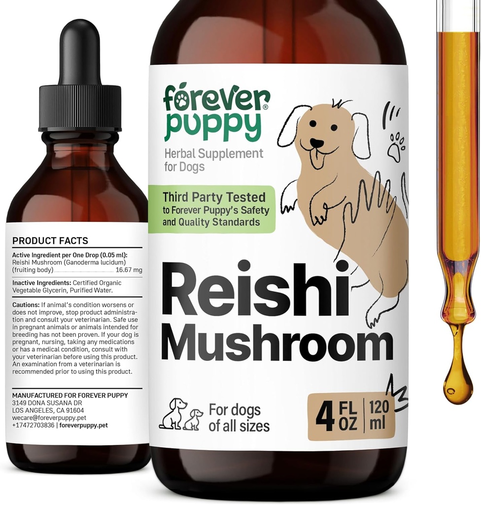 Forever Puppy Red Reishi Mushroom Tincture for Dogs - Immune Support Supplement - Mushroom Drops w/Reishi Extract - Liquid Vitamins and Supplements - All Breeds & Sizes - Sugar & Alcohol-Free - 4 oz 2