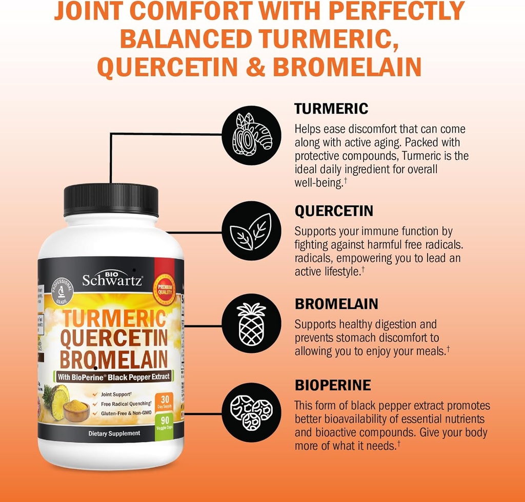 Turmeric Quercetin with Bromelain Supplement - Natural Extra Strength Immune and Joint Support with BioPerine Black Pepper for Max Absorption - Organic Tumeric Bromelain Supplement Vegan Safe, Non-GMO 5