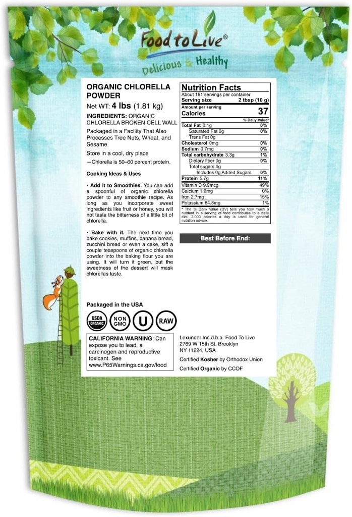Food to Live Organic Chlorella Powder, 4 Pounds — Non-GMO, Kosher, Raw Green Algae, Vegan Superfood, Bulk, Pure Vegan Green Protein, Rich in Vitamins and Minerals, Great for Drinks, Broken Cell Wall 3