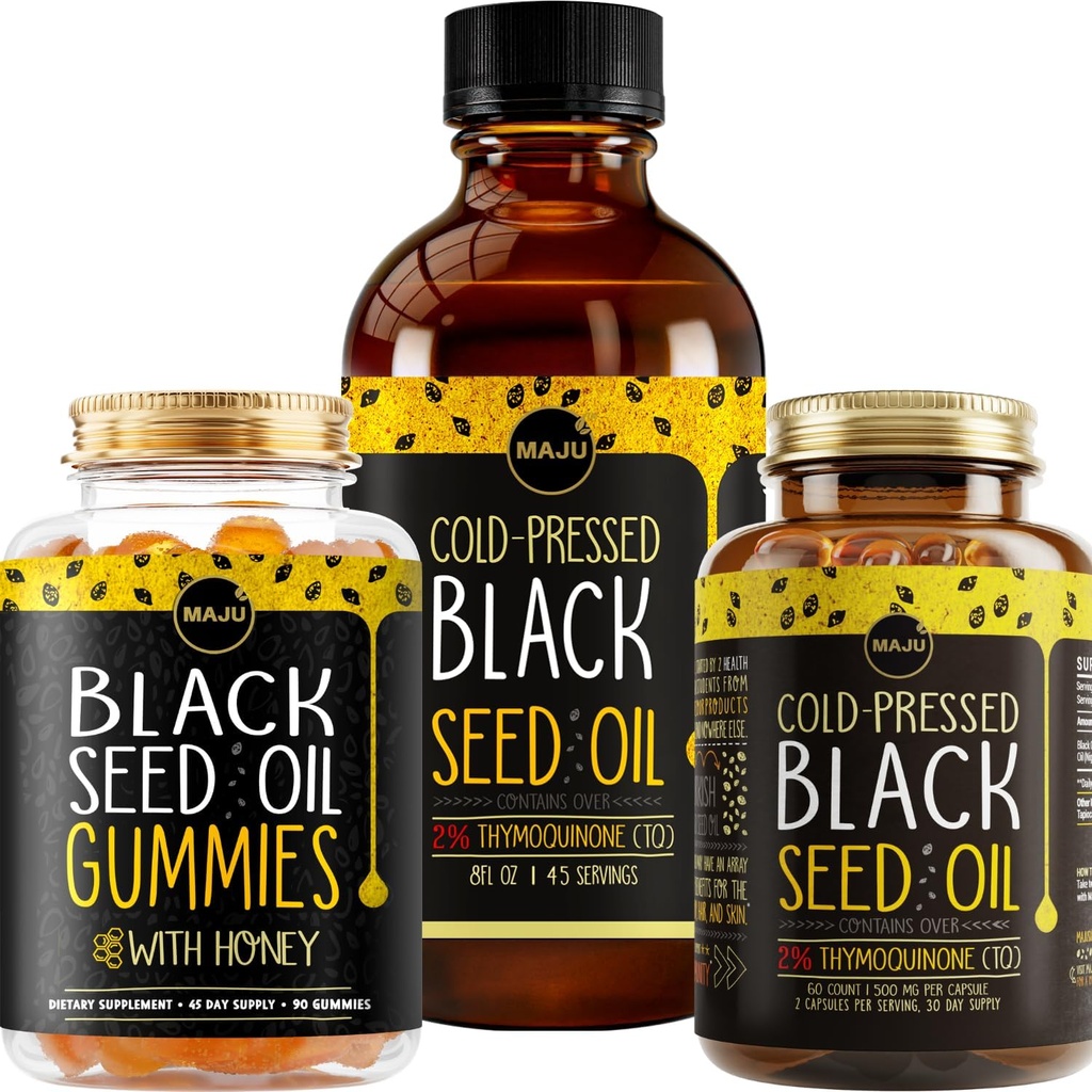 Maju Superfoods Black Seed Oil 3-in-1 Bundle, Gummies, Capsules, & Liquid 2
