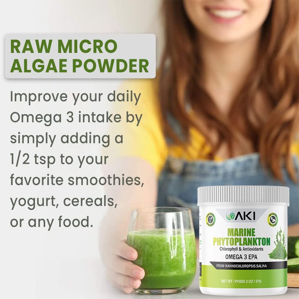 AKI Marine Phytoplankton Powder - Source of Raw Omega-3 EPA Micro Algae Nannochloropsis - Plant Based Proteins, Vitamins for Overall Wellness - Complete Protein Source, Vegan & GMO Free (2oz/57g) 4