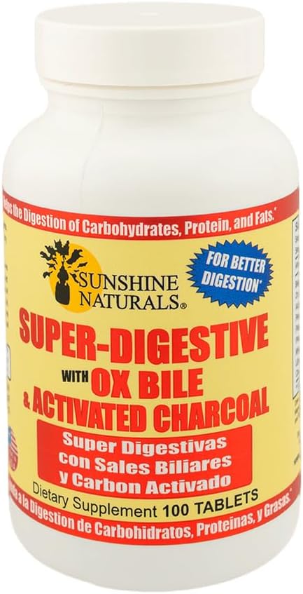 Sunshine Naturals Super Digestive Supplement. Ox Bile & Activated Charcoal for Digestive Support, Bloating Relief, Gut Cleanse, Nutrient Absorption, and Overall Wellness. 100 Tablets. Pack of 2 3