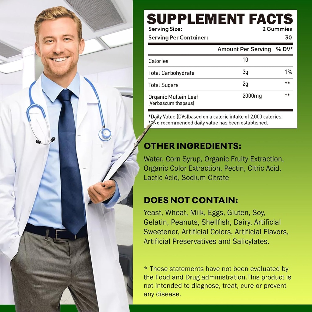 Mullein Gummies for Lung Detox, 2000mg Mullein Leaf Extract for Respiratory & Digestive & Immune Support, Organic Mullein Herb Supplement for Mucus Relief, Vegan, Pineapple, 60 3