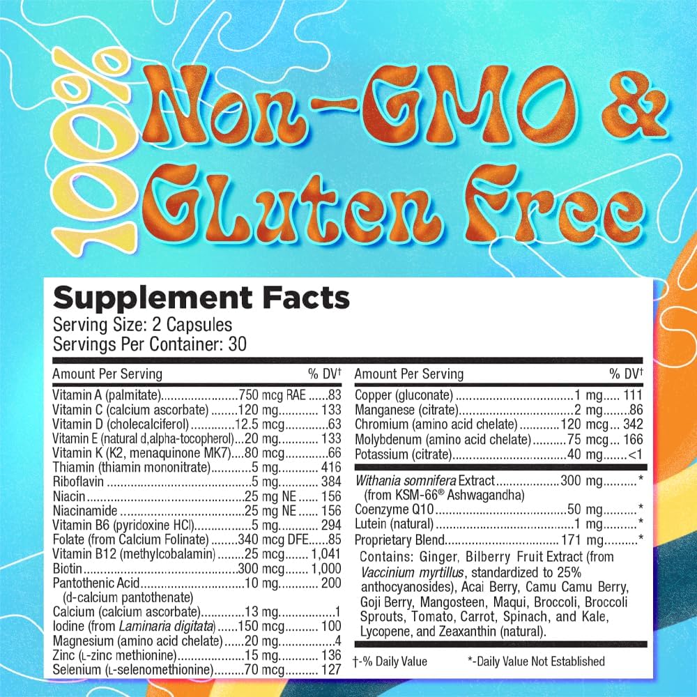 LUV Everyday™ Men's Multivitamin Men's Adult Formula Daily Nutritional Support with Iron Calcium KSM-66 Ashwaganda CoQ10 and Lycopene - Highly Bioavailable Non GMO Gluten Free Vegetarian - 60 Capsules 3