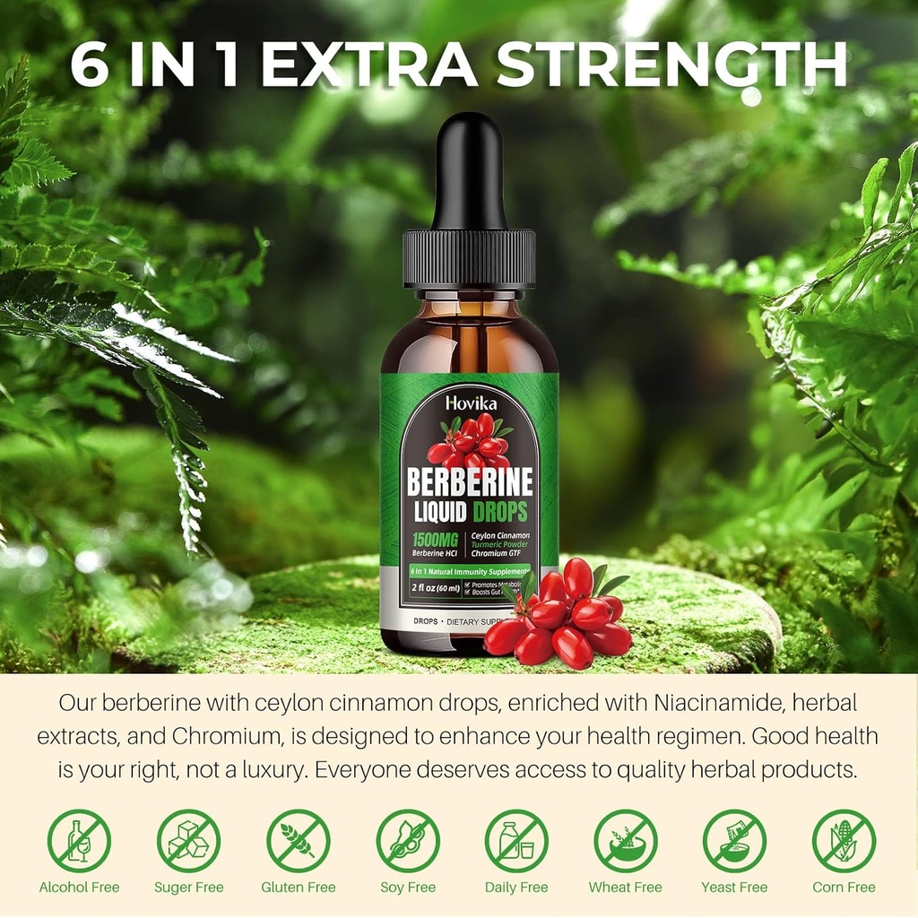 Berberine HCL Liquid Drops - 1500 mg Berberine Supplement with Ceylon Cinnamon, Chromium, Turmeric, Niacinamide - Supports Metabolism and Immune System, Gut Health - 2 FL Oz Vegan 3