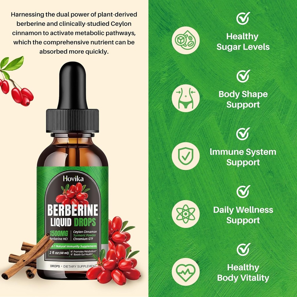 Berberine HCL Liquid Drops - 1500 mg Berberine Supplement with Ceylon Cinnamon, Chromium, Turmeric, Niacinamide - Supports Metabolism and Immune System, Gut Health - 2 FL Oz Vegan 4